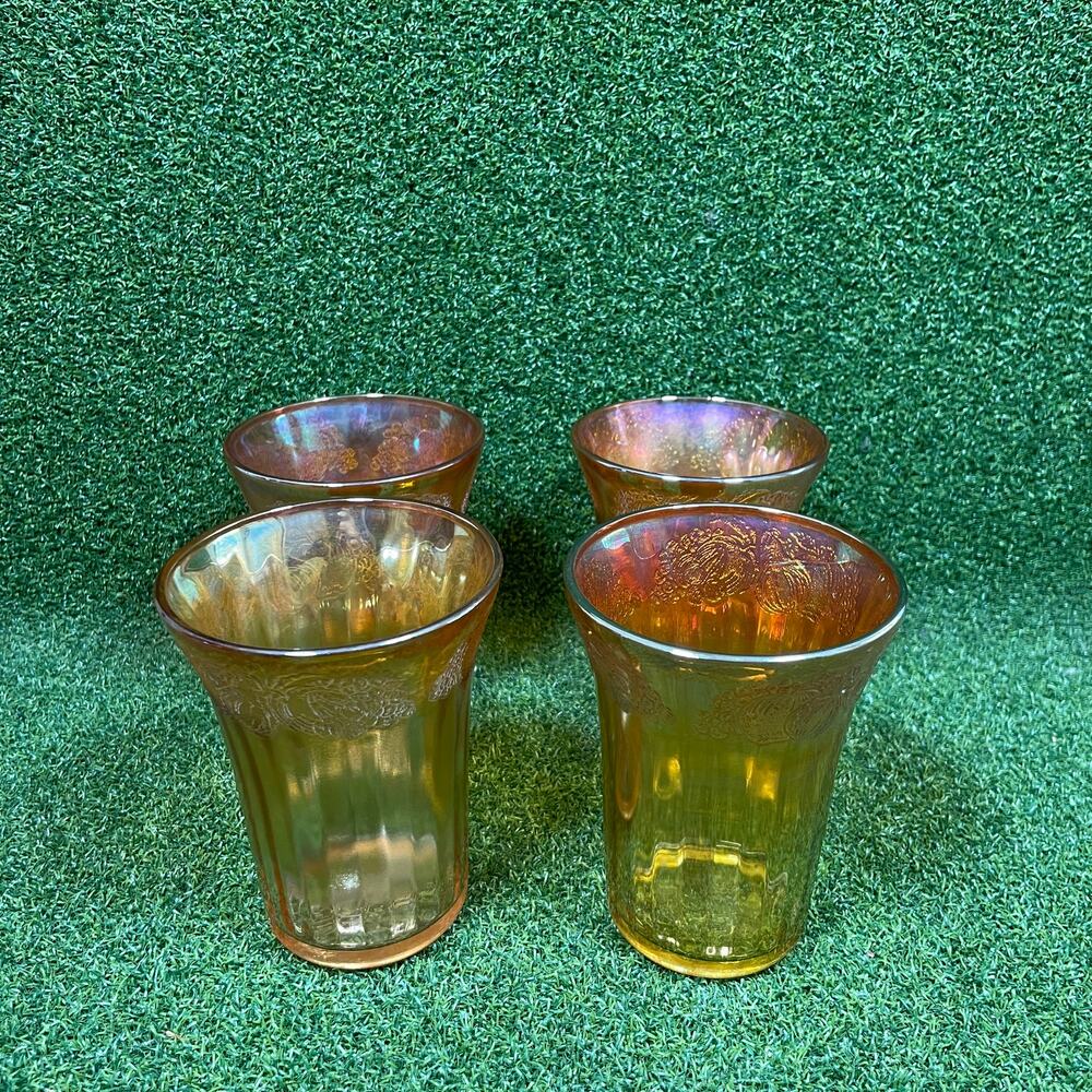 Set of 4 Vintage Marigold Iridescent Carnival Glass Tumblers Fruit Lustre